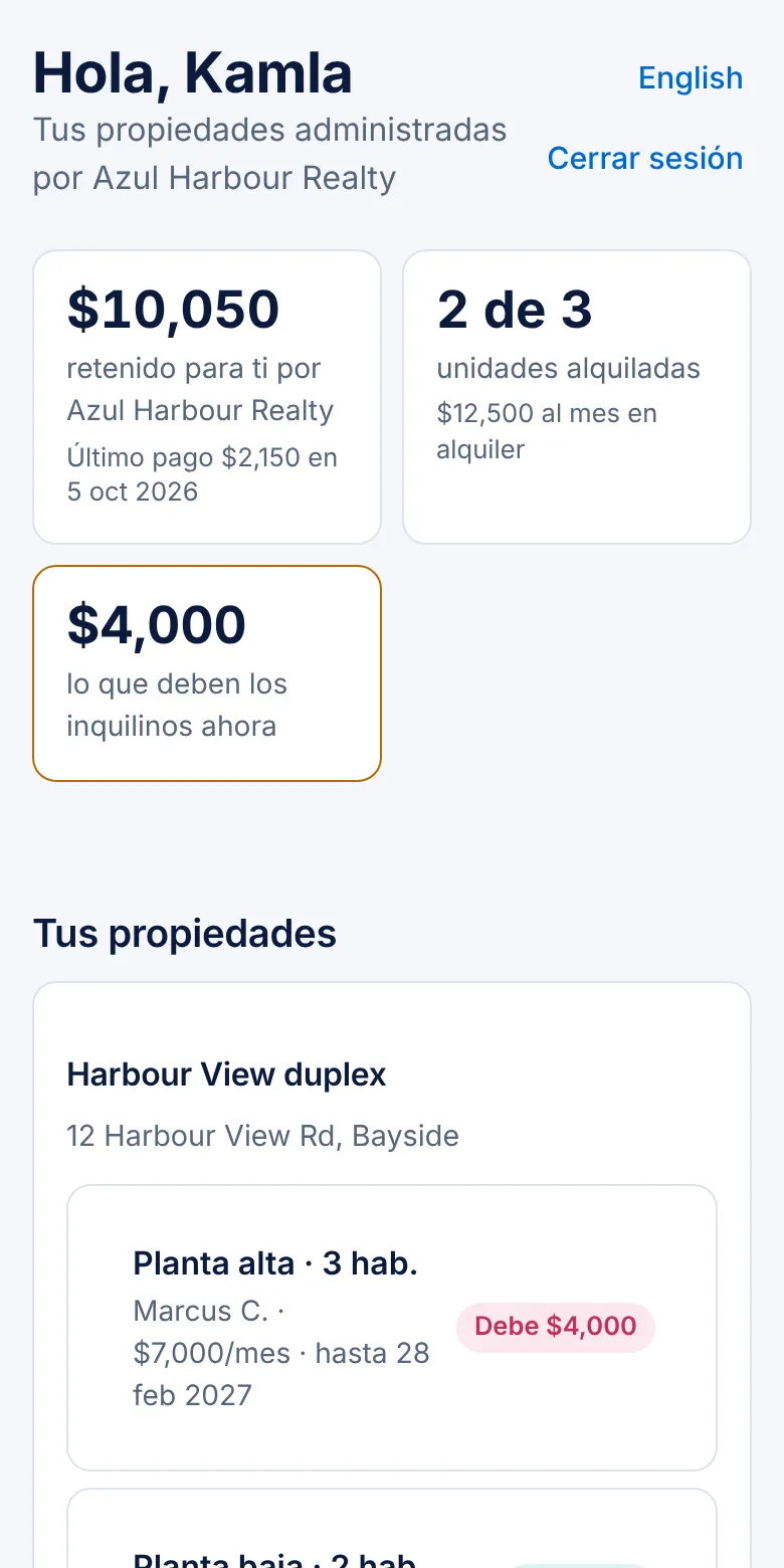 El portal del propietario con el dinero retenido y cada propiedad