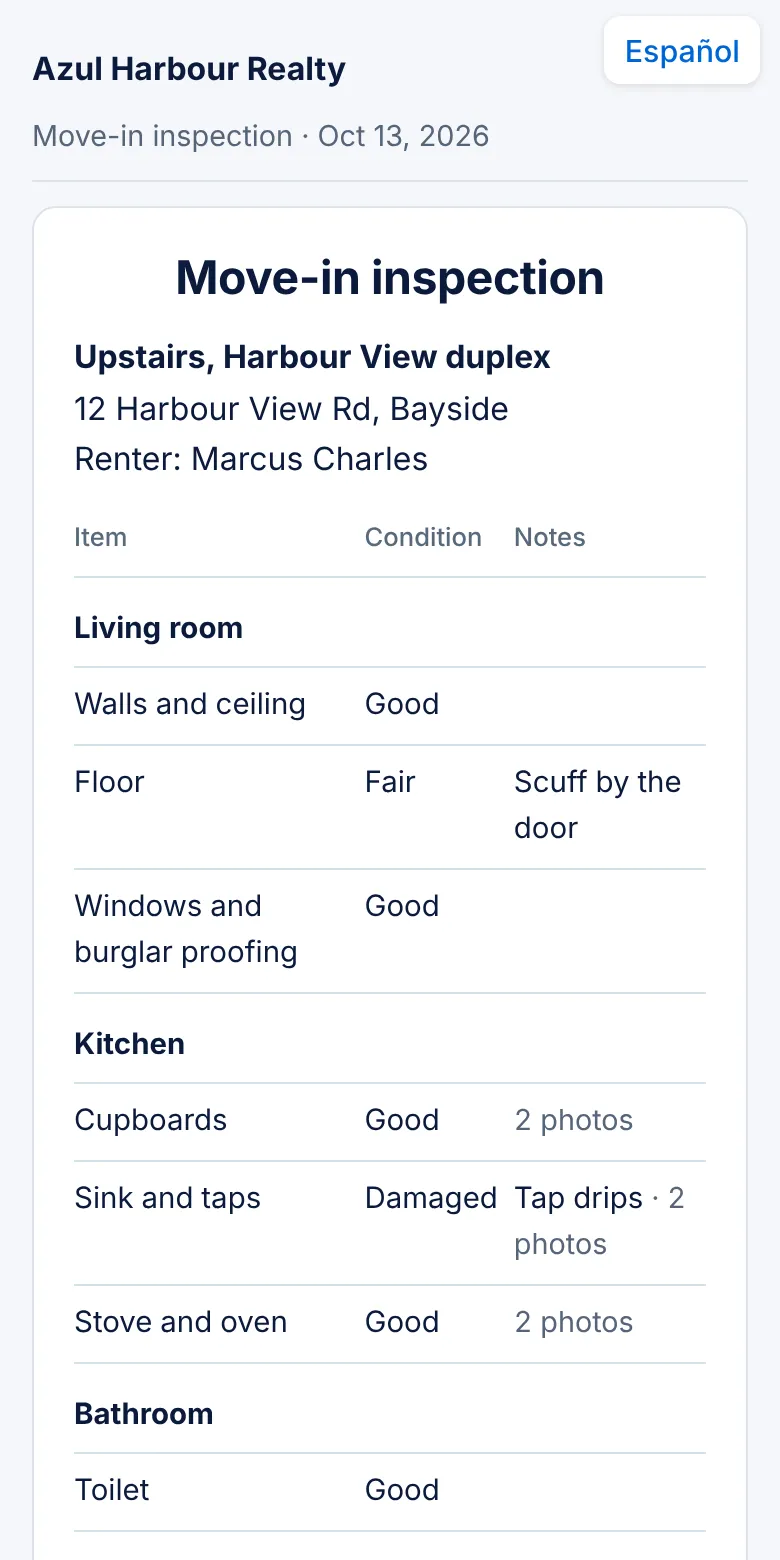 A move-in inspection with each room and item