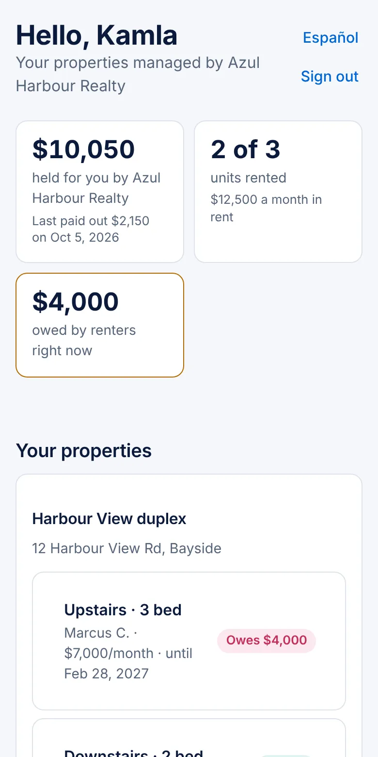 The landlord portal with money held and each property
